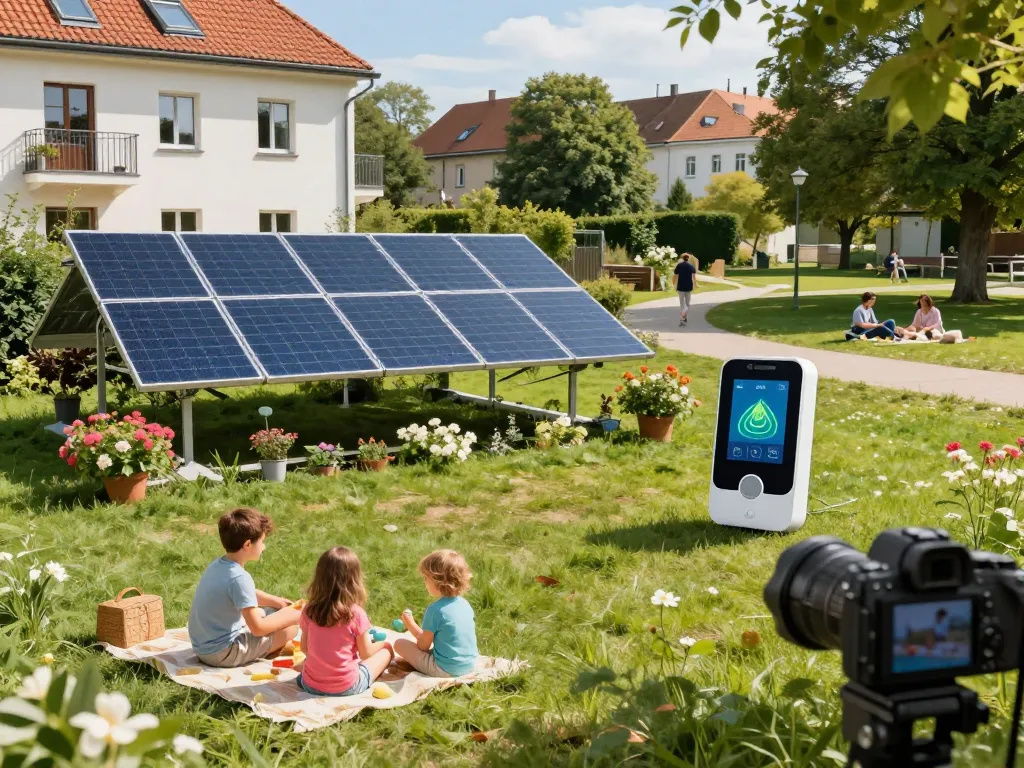 Familie genießt einen sonnigen Tag in der Nähe von Solar Wien Solarpanels und zeigt moderne Energielösungen in einem grünen Raum.