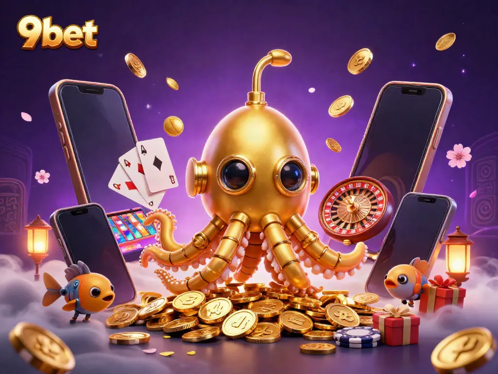 Engage in thrilling gaming action with 9bet as the golden kraken submarine surrounded by coins and gambling elements showcases vibrant online casino entertainment.