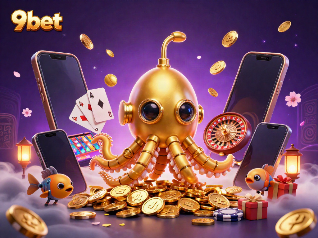 Engage in thrilling gaming action with 9bet as the golden kraken submarine surrounded by coins and gambling elements showcases vibrant online casino entertainment.