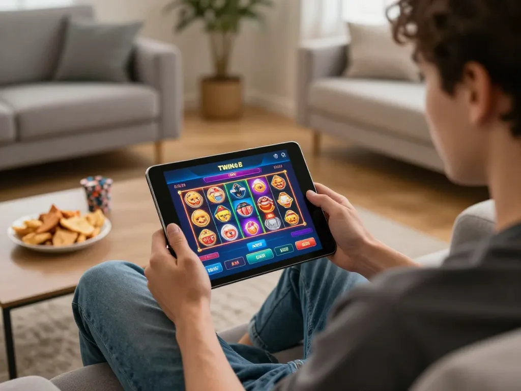 TWIN68 player enjoying mobile casino games on tablet in a cozy living room setting