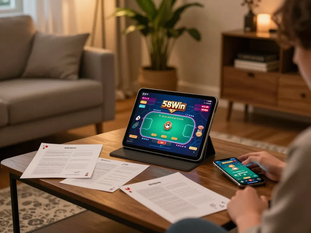 Player enjoying a strategic game of 58Win on a tablet in a cozy gaming setup, highlighting responsible gambling.