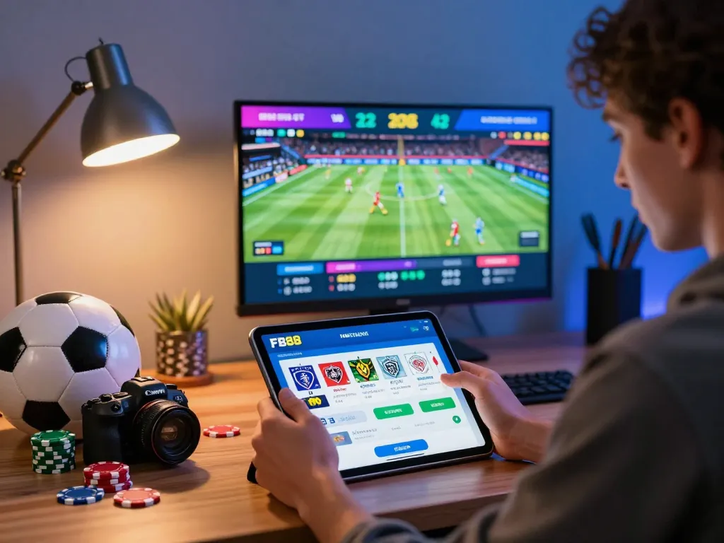 Engaging online betting experience on FB88, featuring tablet with sports options, vibrant gaming elements, and inviting atmosphere.