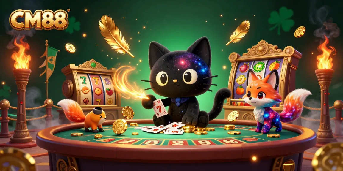 Join the cosmic fun at CM88, where a black hole cat and nebula fox attract casino riches amidst vibrant slot symbols.