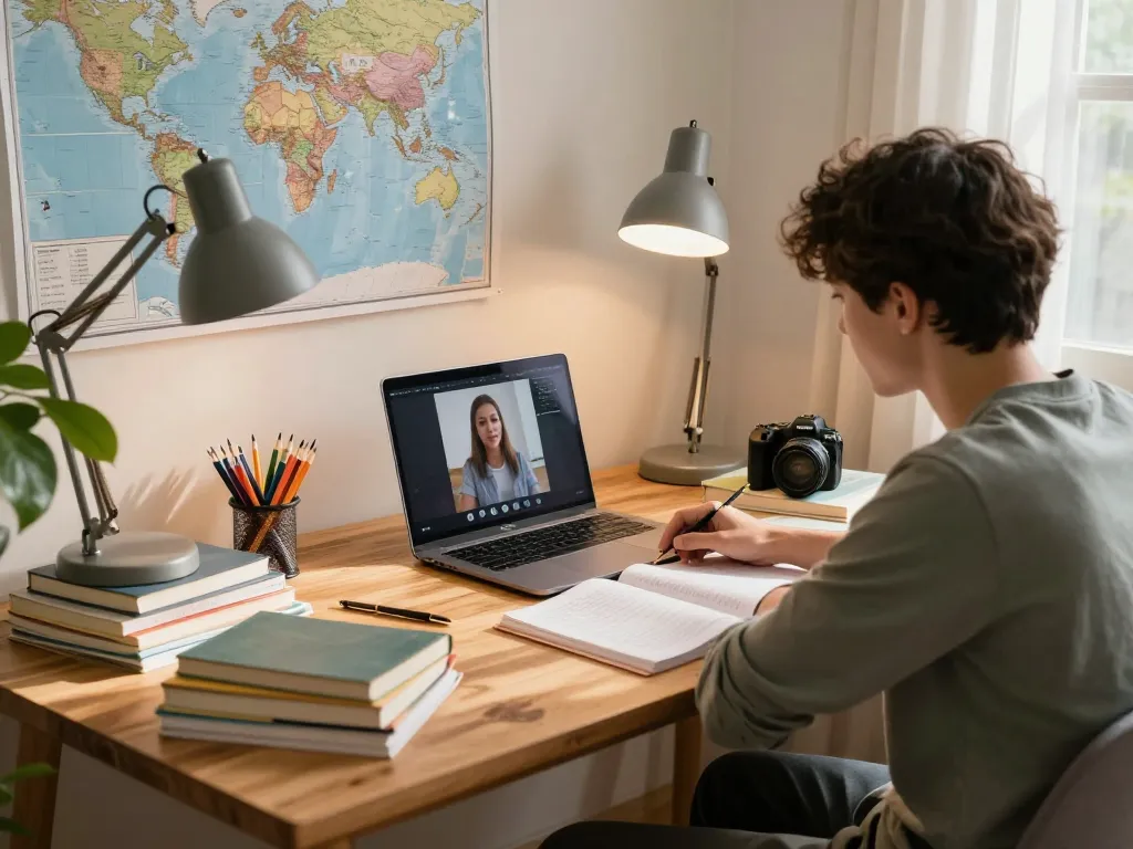 Szene eines Hausaufgaben Lösers online, in der ein Schüler an virtuellem Nachhilfeunterricht beteiligt ist, während er in einem gemütlichen Homeoffice lernt.