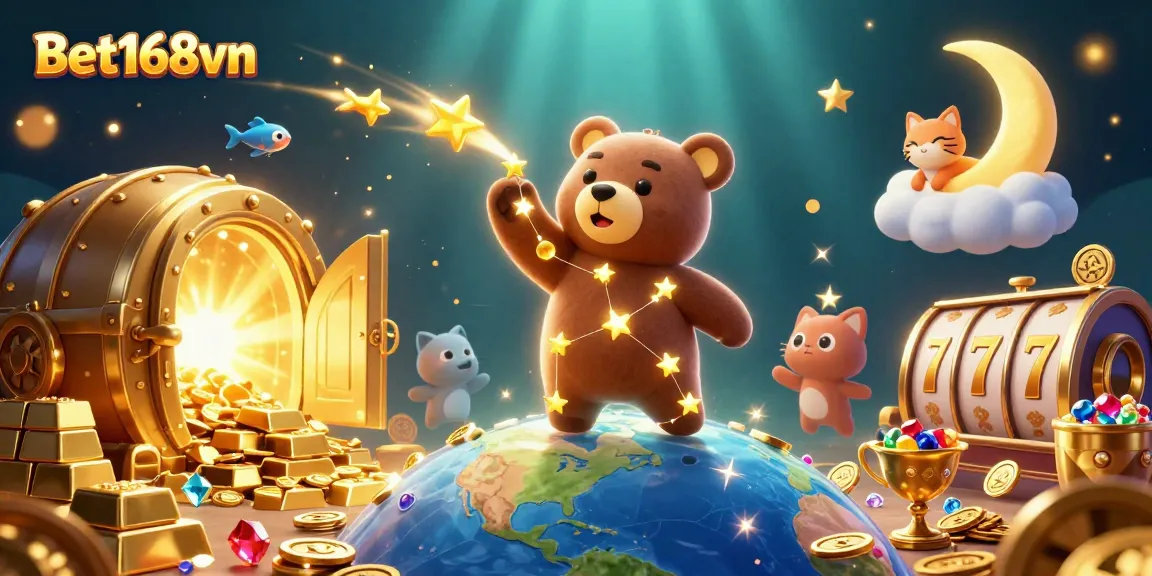 Bet168vn brings luck as a bear scoops coins surrounded by gold treasures and slot elements.