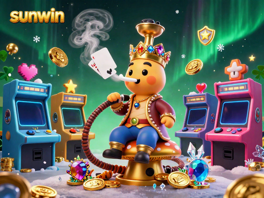 Experience the excitement of sunwin with a vibrant 3D illustration of a hookah-master and casino elements.