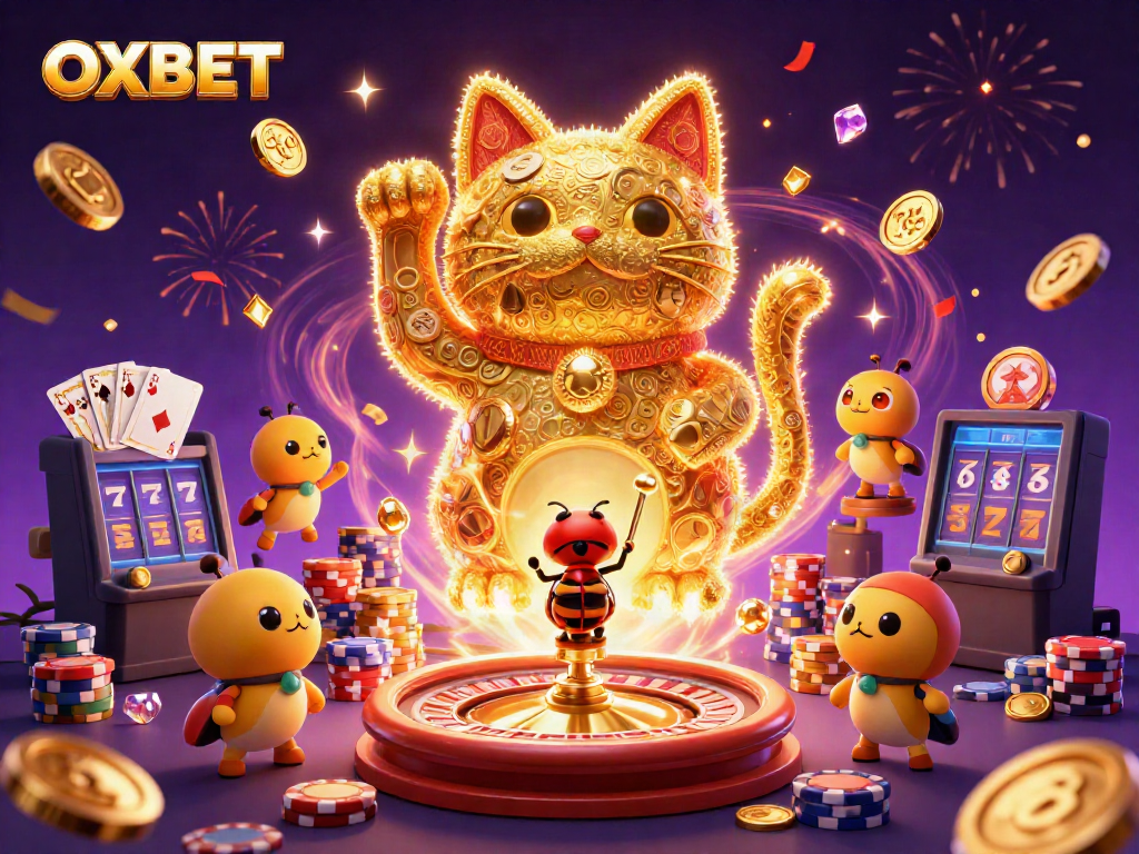 Experience lucky wins at OXBET with vibrant casino elements and a magical lucky cat.