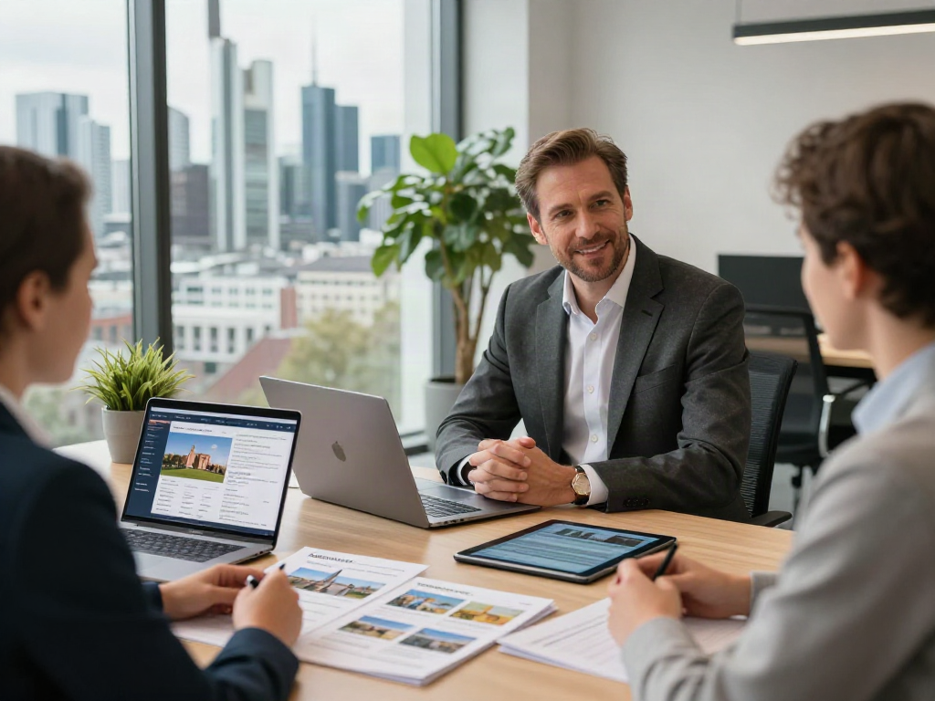 Bester Immobilienmakler Frankfurt berät Kunden in modernem Büro mit Blick auf die Skyline