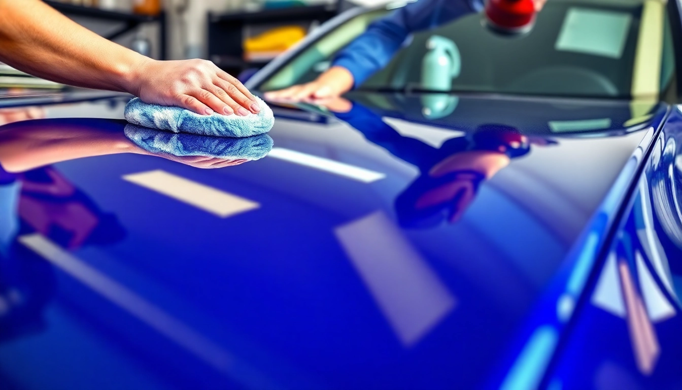 Fahrzeugaufbereitung eines glänzenden Autos durch einen Experten in einer professionellen Umgebung.