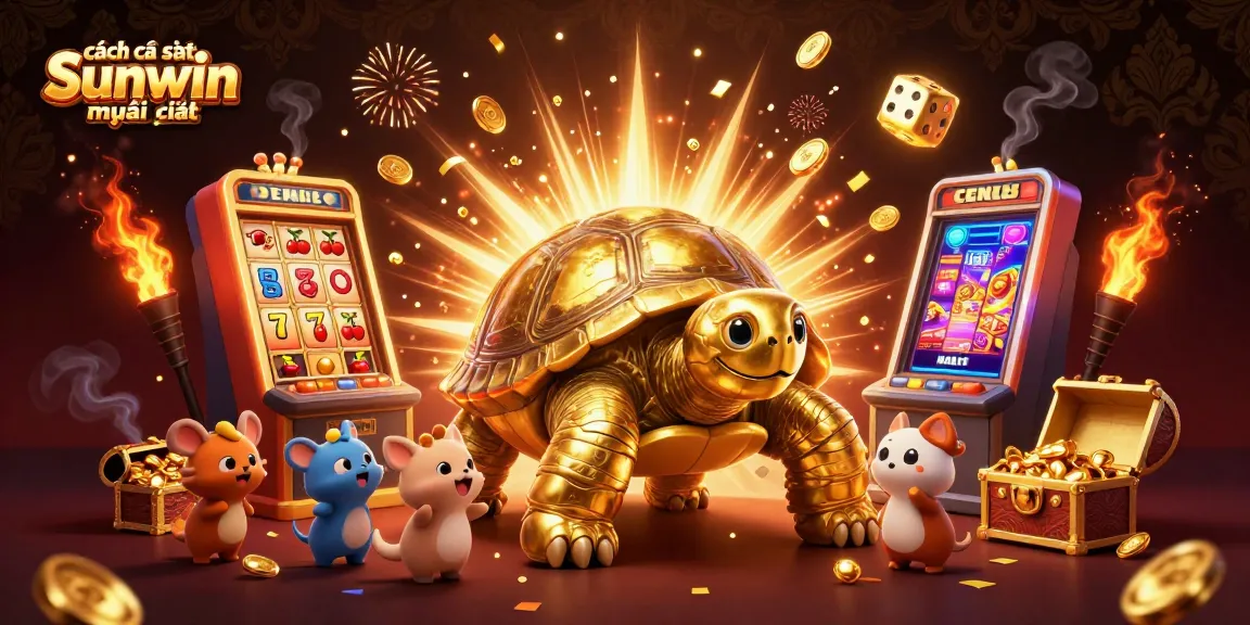 Engage with cách cài đặt Sunwin mới nhất in a vibrant casino scene featuring a golden tortoise and explosive jackpots.