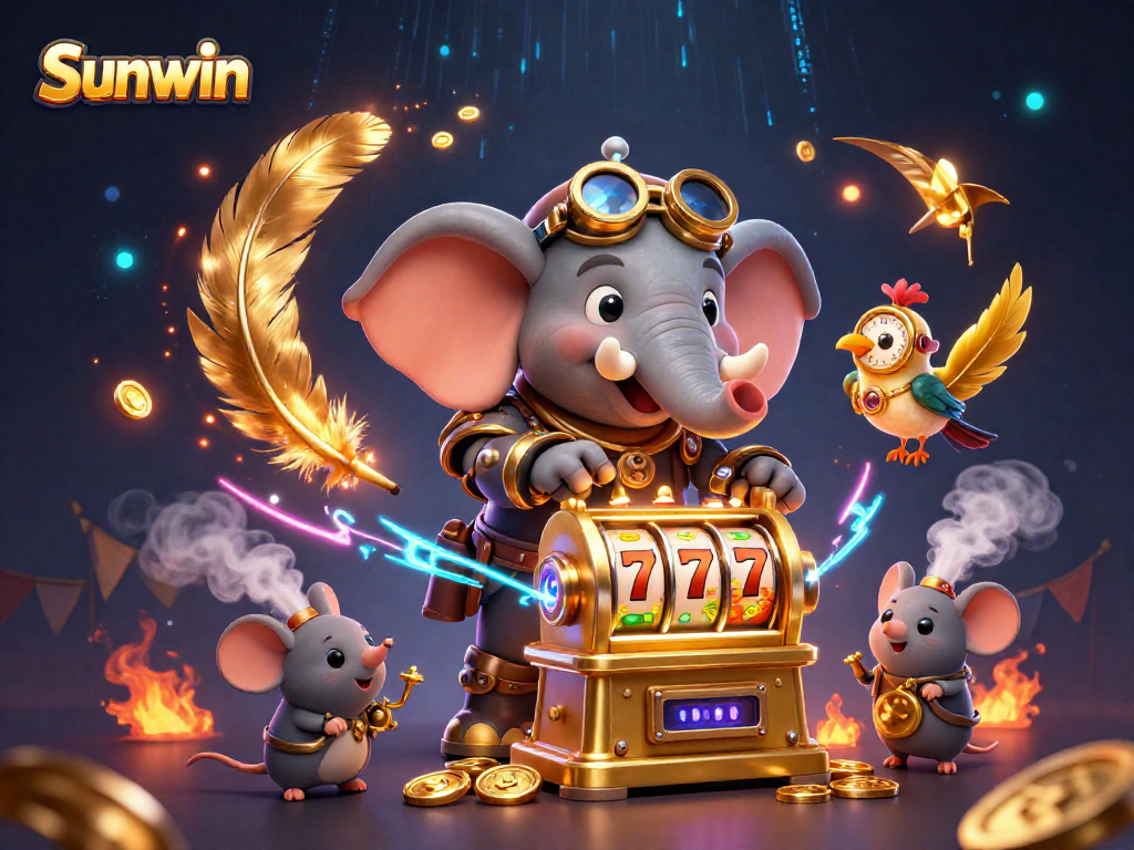 Experience the thrill of Sunwin with a steampunk elephant operating a golden slot machine in a vibrant casino setting.