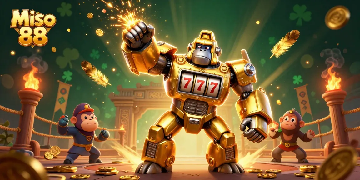 Miso 88 showcases a golden gorilla mech spinning slot reels, exciting players with a unique casino experience.