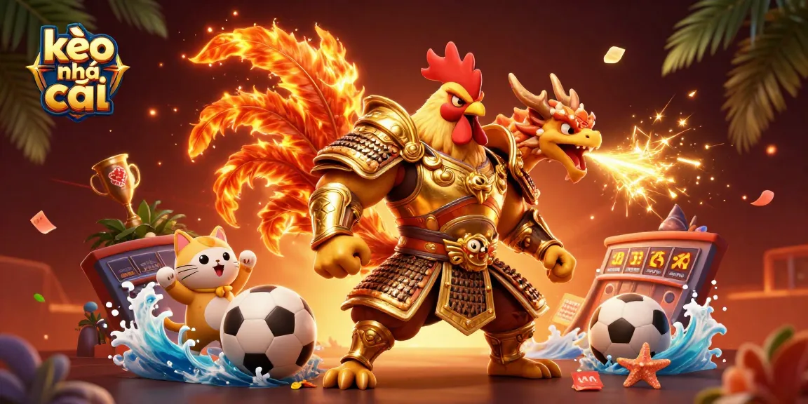 Engage with kèo nhà cái strategies in a vibrant 3D gambling scene featuring a fighting rooster warrior and dragon.