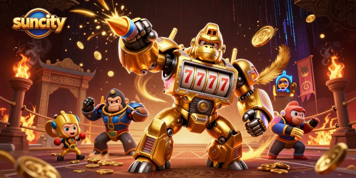 Experience the excitement of Suncity's gaming world with a dynamic 3D illustration featuring a golden gorilla mech.