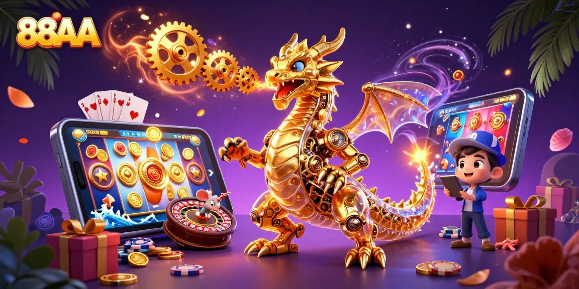 Experience the thrilling gameplay at 88AA with a golden dragon unleashing gears amidst vivid casino elements.