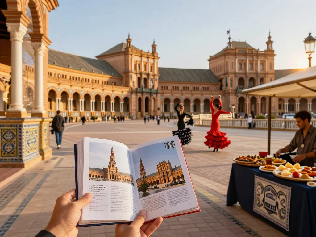 Reisetipps Sevilla: Reisender genießt die lebhaften Straßen von Sevilla und erkundet ikonische Architektur und Flamenco-Kultur.