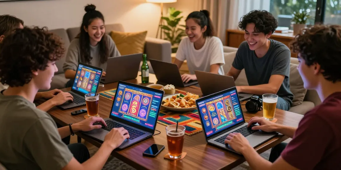 Geng sahabat bersenang-senang bermain Slot gacor online di ruang tamu yang nyaman.