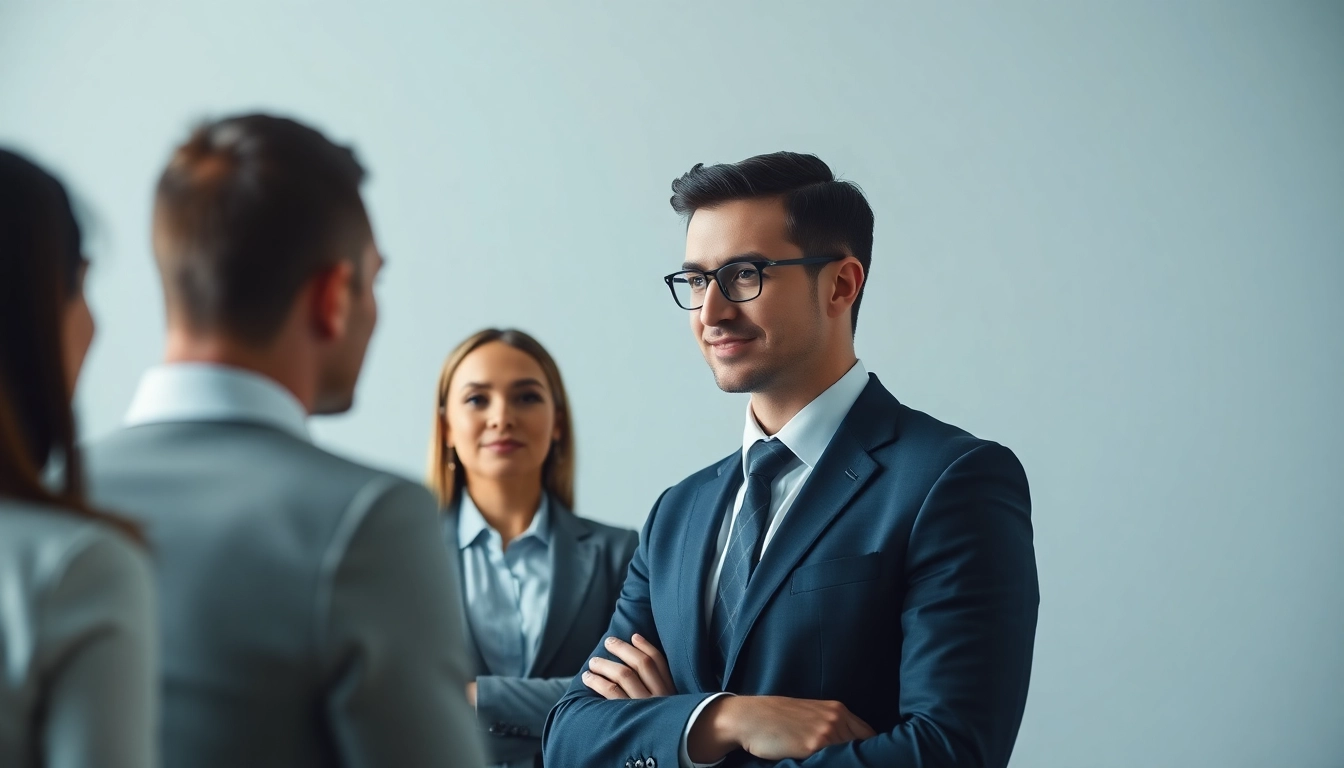 Headhunter engaging with potential candidates in a professional setting to find top talent.