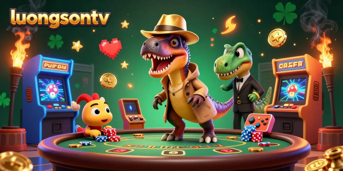 luongsontv showcases a colorful casino scene with a velociraptor card counter at a blackjack table