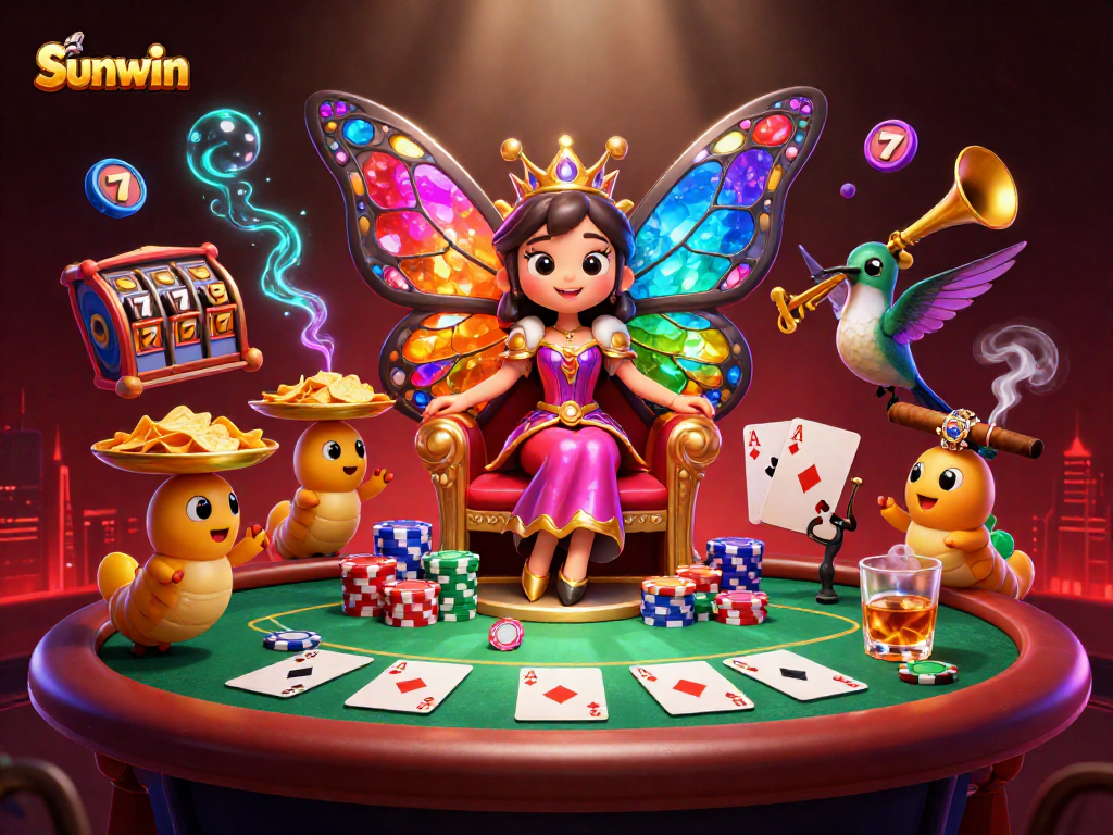 Sunwin players enjoying a vibrant casino atmosphere with colorful characters and poker elements