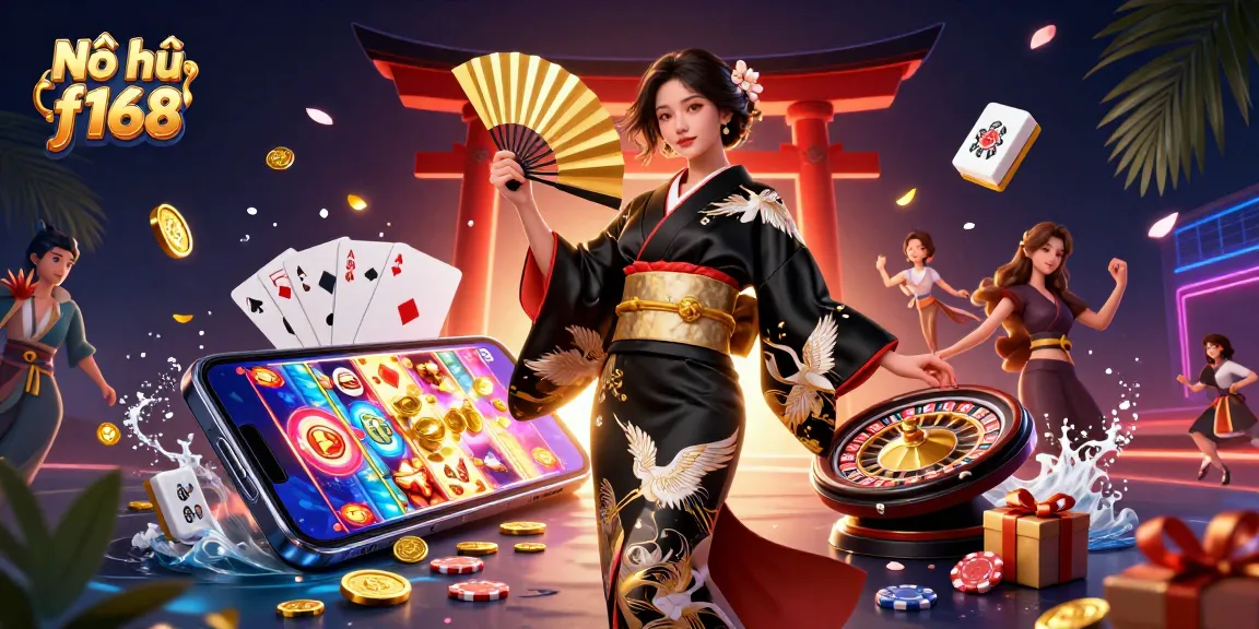 Nổ hũ f168 features a stunning Asian woman showcasing dynamic gaming elements with vibrant slot game visuals.