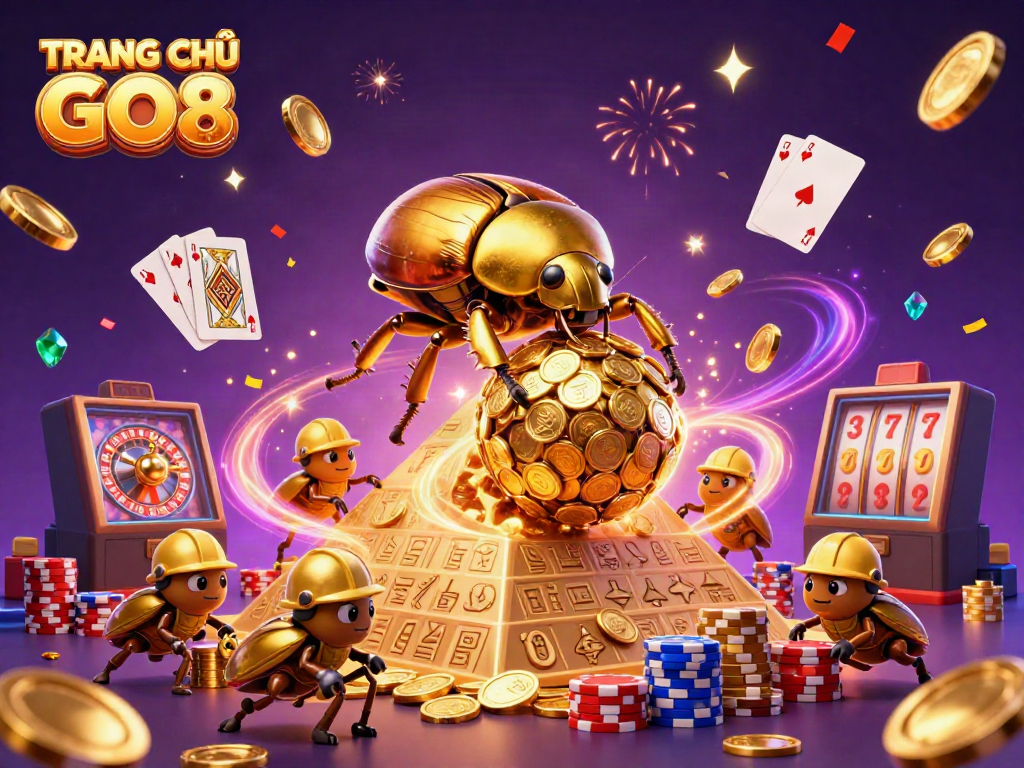 Experience the excitement at TRANG CHỦ GO8 with a casino-themed illustration of golden coins and beetles.