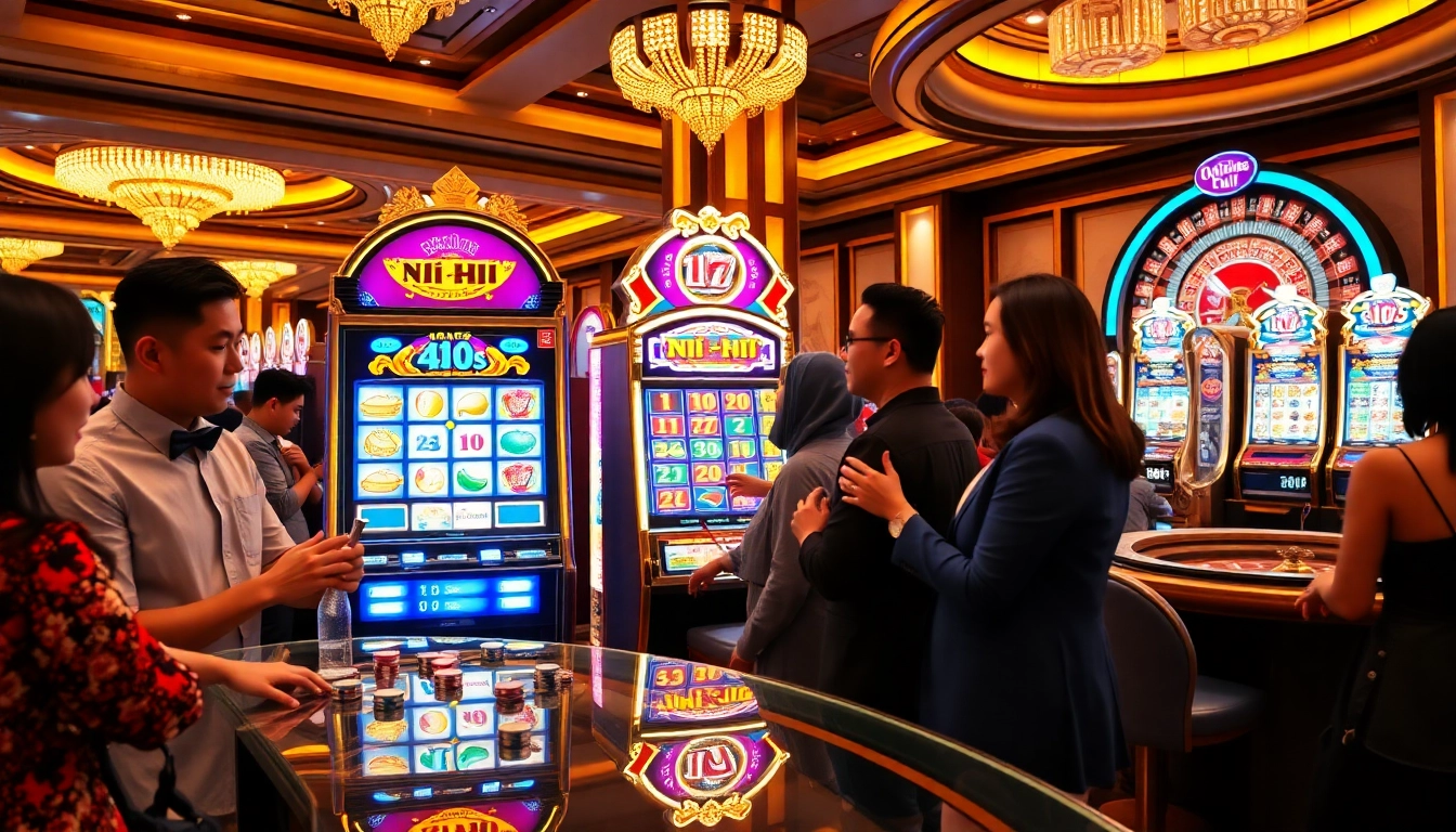 Gamblers enjoying the excitement of the nổ hũ slot machine in a vibrant casino setting.