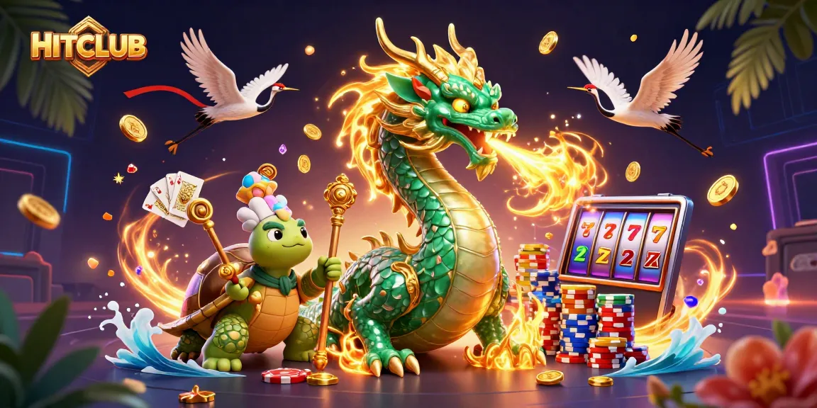 Engage in HITCLUB gaming with a vibrant 3D scene featuring a jade dragon and lucky symbols.