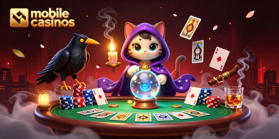 Experience thrilling mobile casinos with a mystical cat and raven in an engaging 3D scene.