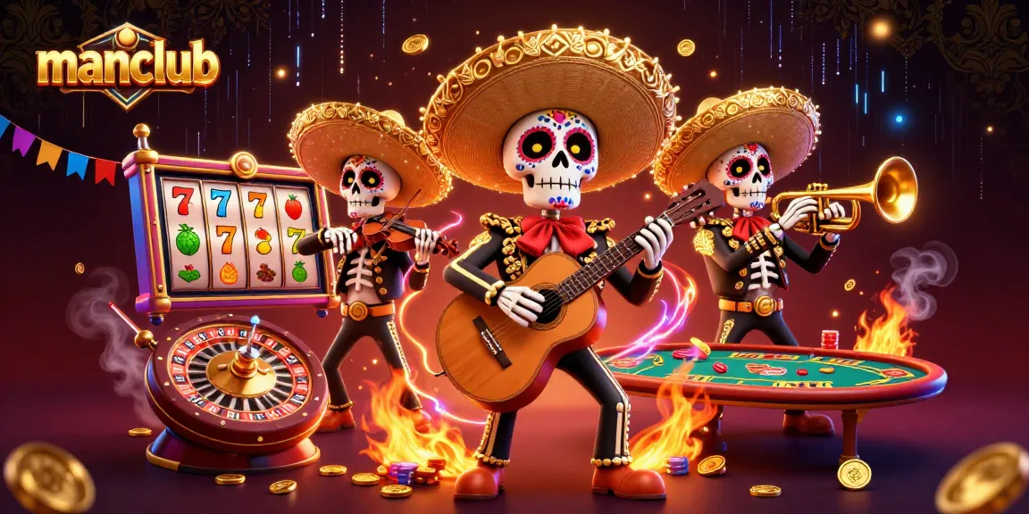 Experience the thrill of manclub with vibrant slot reels and a lively mariachi band in this dynamic 3D illustration.