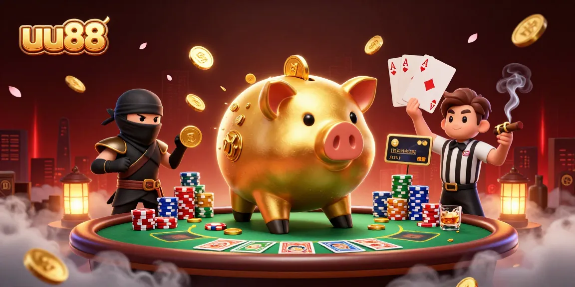 uu88 explores thrilling casino action with a golden piggy bank sumo wrestler amidst colorful poker chips.