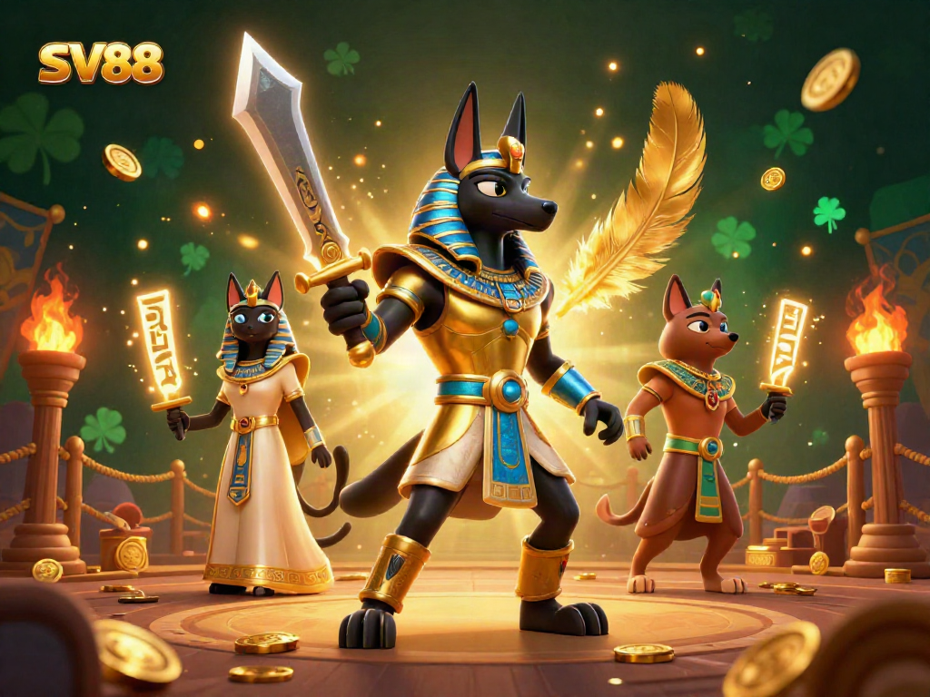 SV88 showcases an epic scene with Anubis and Bastet amidst dynamic gambling elements in a digital casino atmosphere.