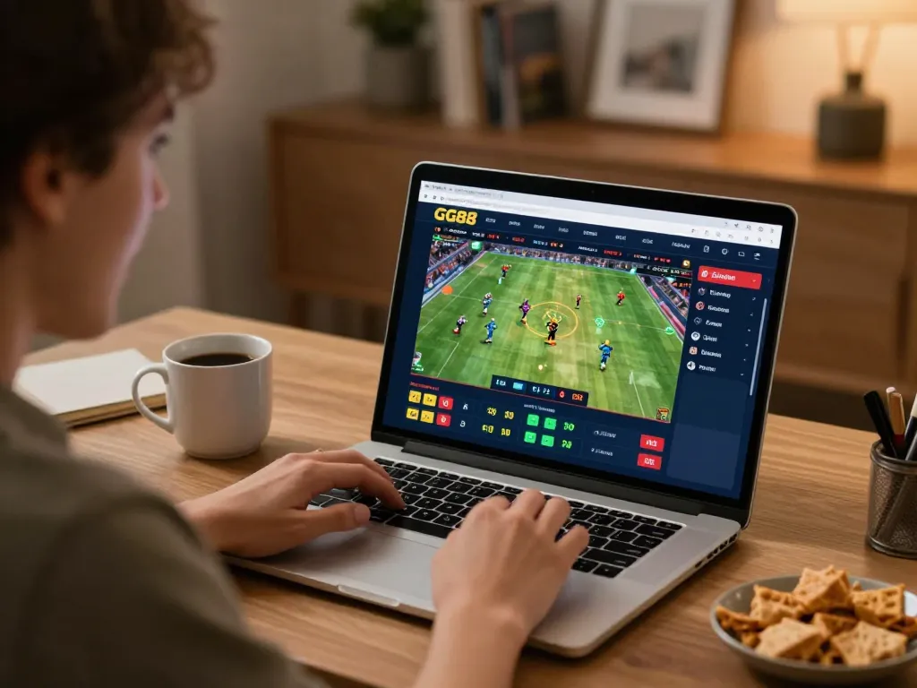 Person placing live bets on GG88 sports betting site from a cozy home office