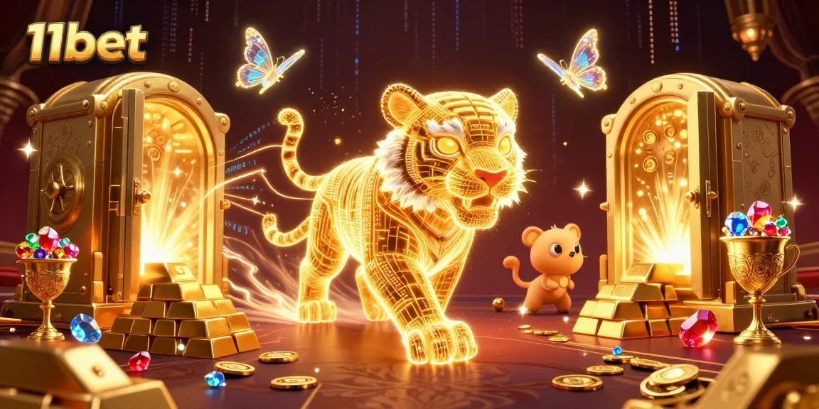 Experience the thrill of 11bet with a vibrant casino scene featuring a stunning golden tiger and holographic butterflies.