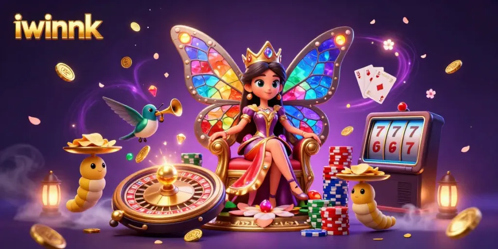 Winning big at iwinnk with a vibrant casino scene featuring a butterfly queen, golden chips, and dynamic game elements.