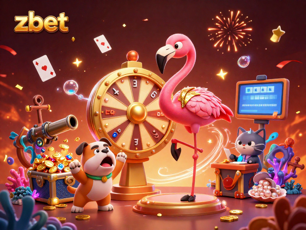 Experience zbet excitement with a cartoon host, bulldog contestant, and colorful casino elements in a dynamic scene.