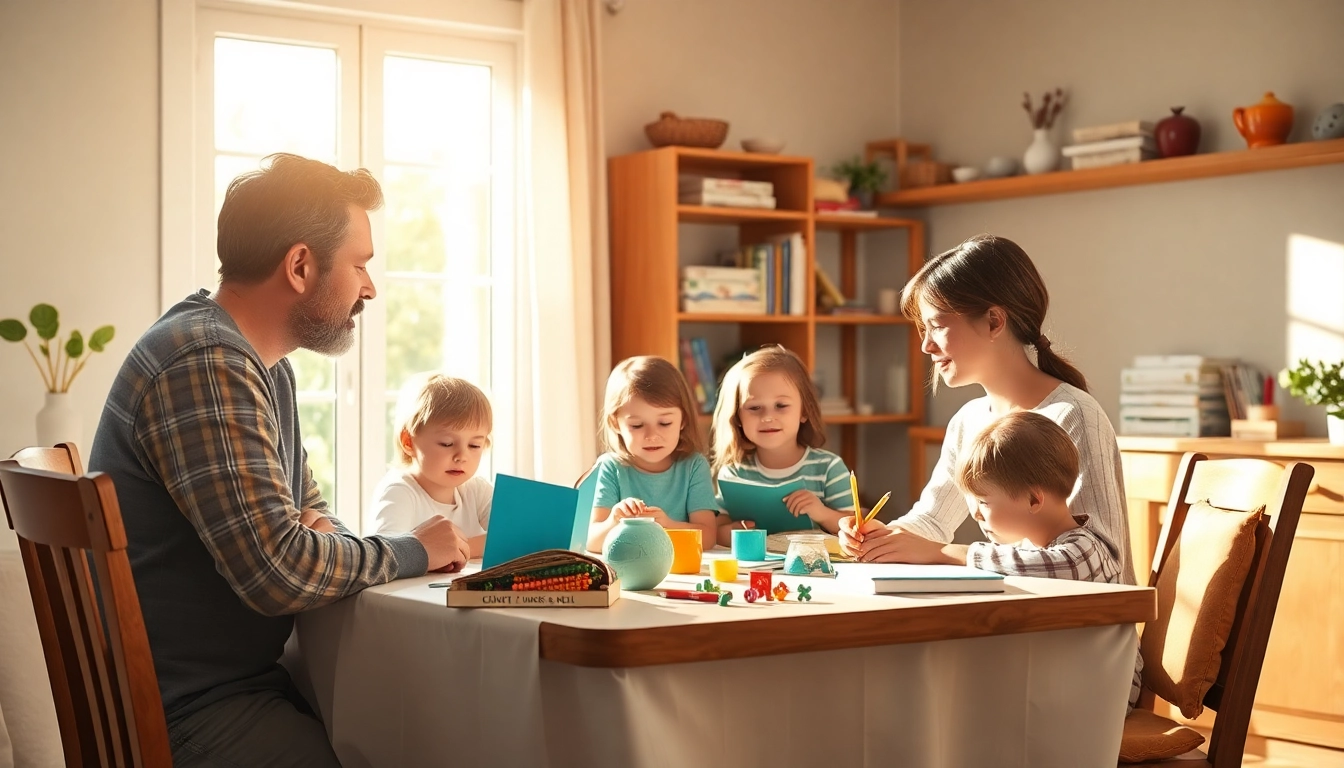 Familie engagiert im Heimunterricht, Lernmaterialien und kreative Aktivitäten um den Tisch.