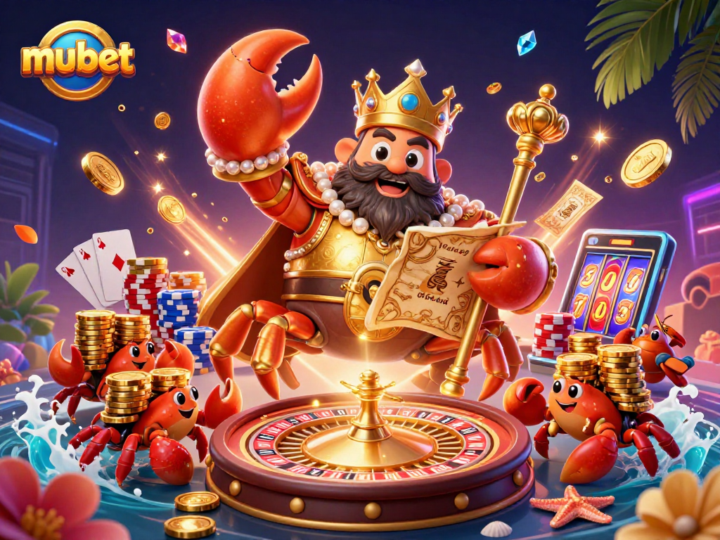 Bet big with mubet as a golden crab emperor rules the casino in a vibrant 3D scene.