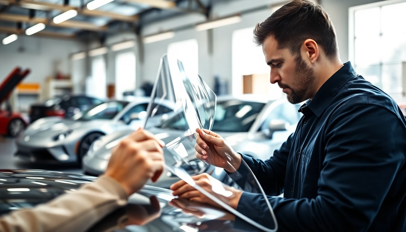 Professionelles Anbringen von Lackschutzfolie München auf einem Luxussportwagen durch einen Techniker.