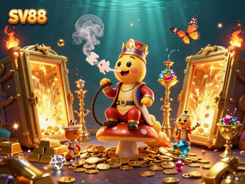 Engage with SV88's vibrant casino scene featuring a caterpillar gaming master and golden treasures.