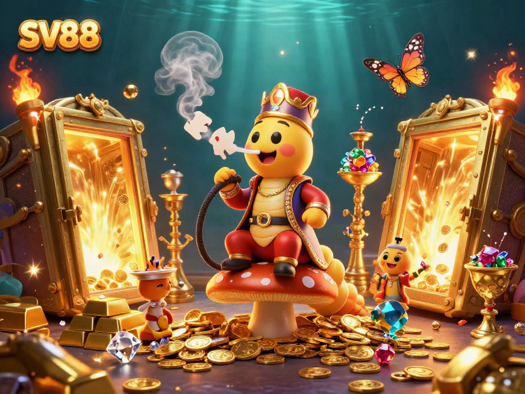 Engage with SV88's vibrant casino scene featuring a caterpillar gaming master and golden treasures.