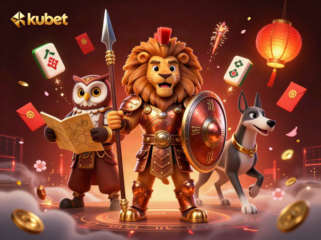 Experience kubet with an energetic 3D scene featuring a Spartan lion, owl strategist, and greyhound, surrounded by vibrant casino elements.