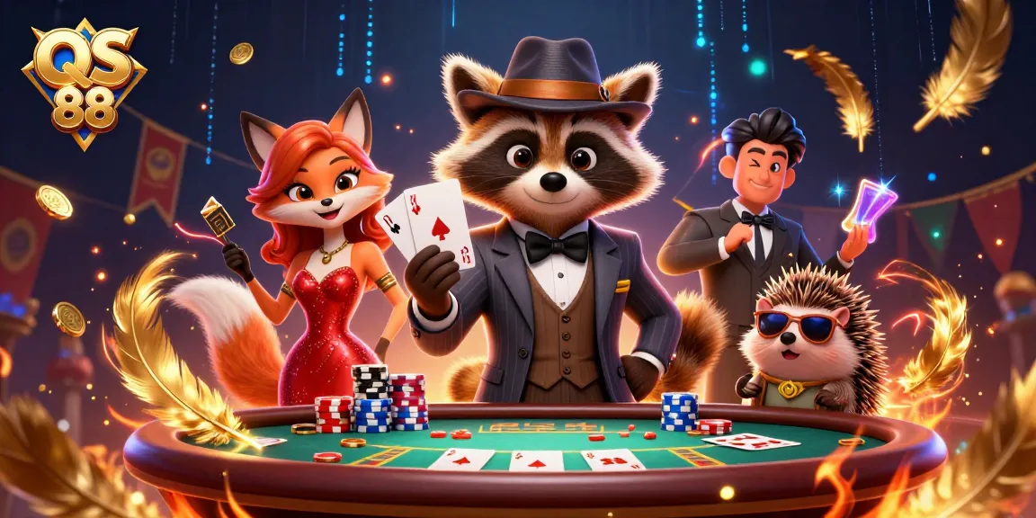 Experience the thrill of QS 88 as raccoon and friends celebrate a royal flush at the poker table.