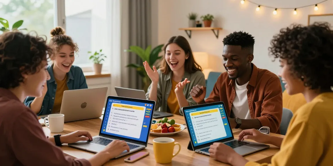 Quiz Allgemeinwissen in einer fröhlichen Runde von Freunden, die online testen.