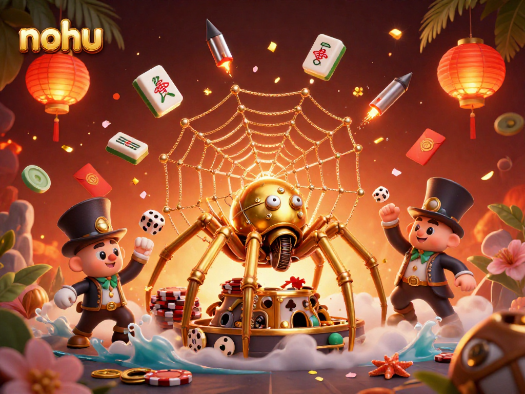 Nohu brings luck with a steampunk spider and games elements in a colorful casino scene.