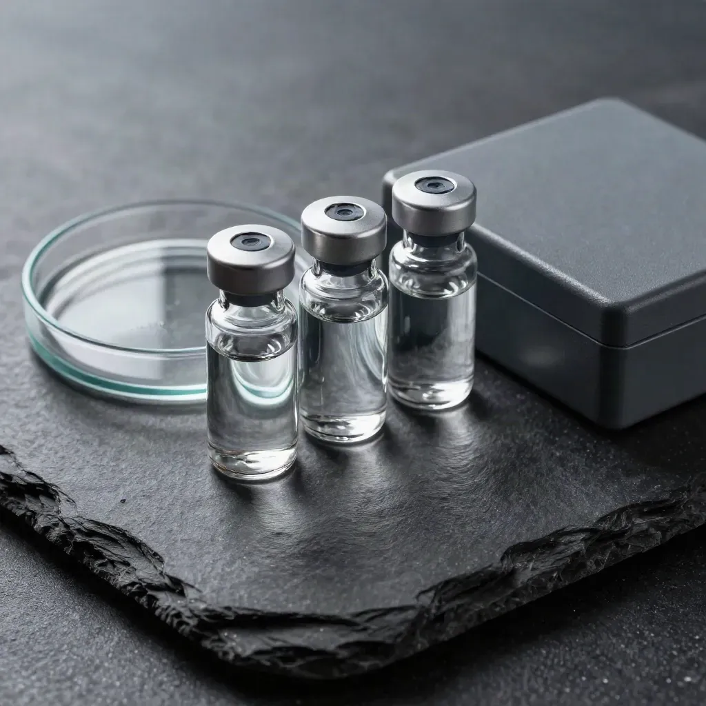 Labor-Set aus Vials, Petrischale und Probenbox auf dunklem Stein, streng von oben.
