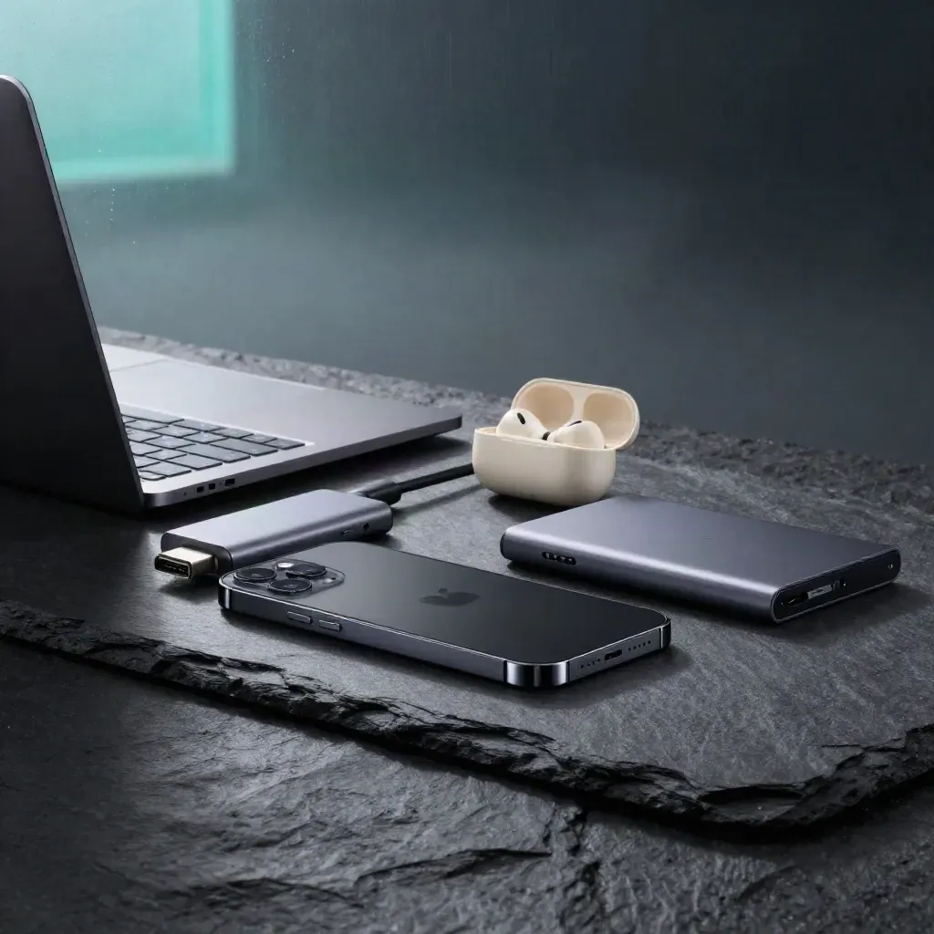 Premium-Tech-Stillleben mit Smartphone, Laptop, Hub, Earbuds-Case und SSD auf Schiefer.