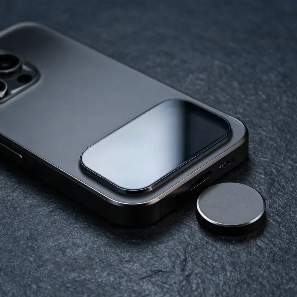 Smartphone-Gehäuse, Kameraglas und Ladepuck auf dunklem Stein im harten Streiflicht.