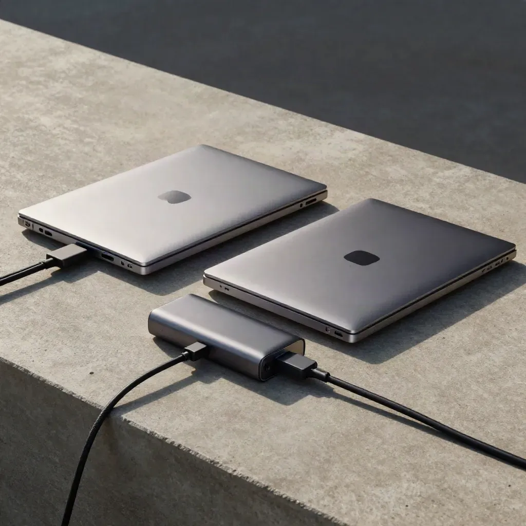 Zwei schlanke Notebooks mit Netzteil und USB-C-Dock auf grauer Steinfläche.
