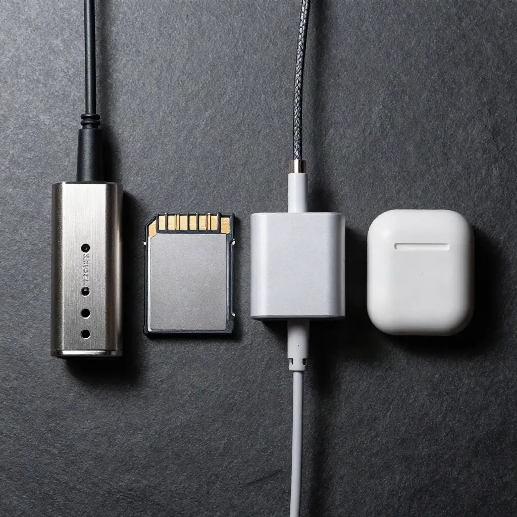 Überkopf-Makro von Adapter, Speicherkarte, Ladegerät und Earbuds-Case auf grauem Stein.